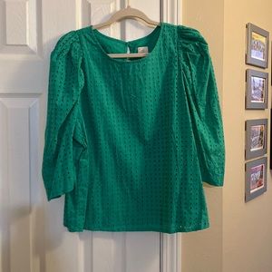 Like New, a new day, Green Eyelet Blouse With Puffy Sleeves - Size XL